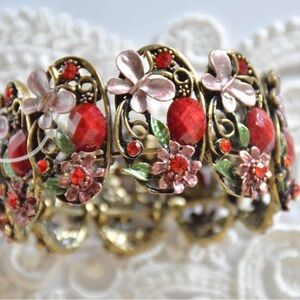 Victorian Look Bracelet / Red Crystals w Butterflies & Flowers / Antique Gold-to